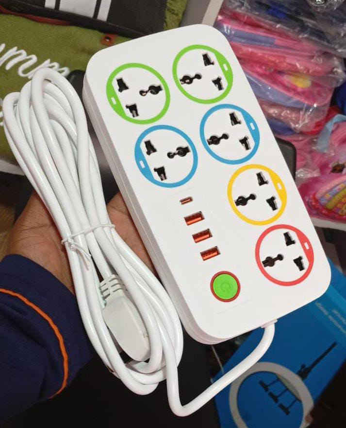 Power Socket Extension Cable with 5 Socket + 2 USB Charging Port + 1 Type C Charging port*