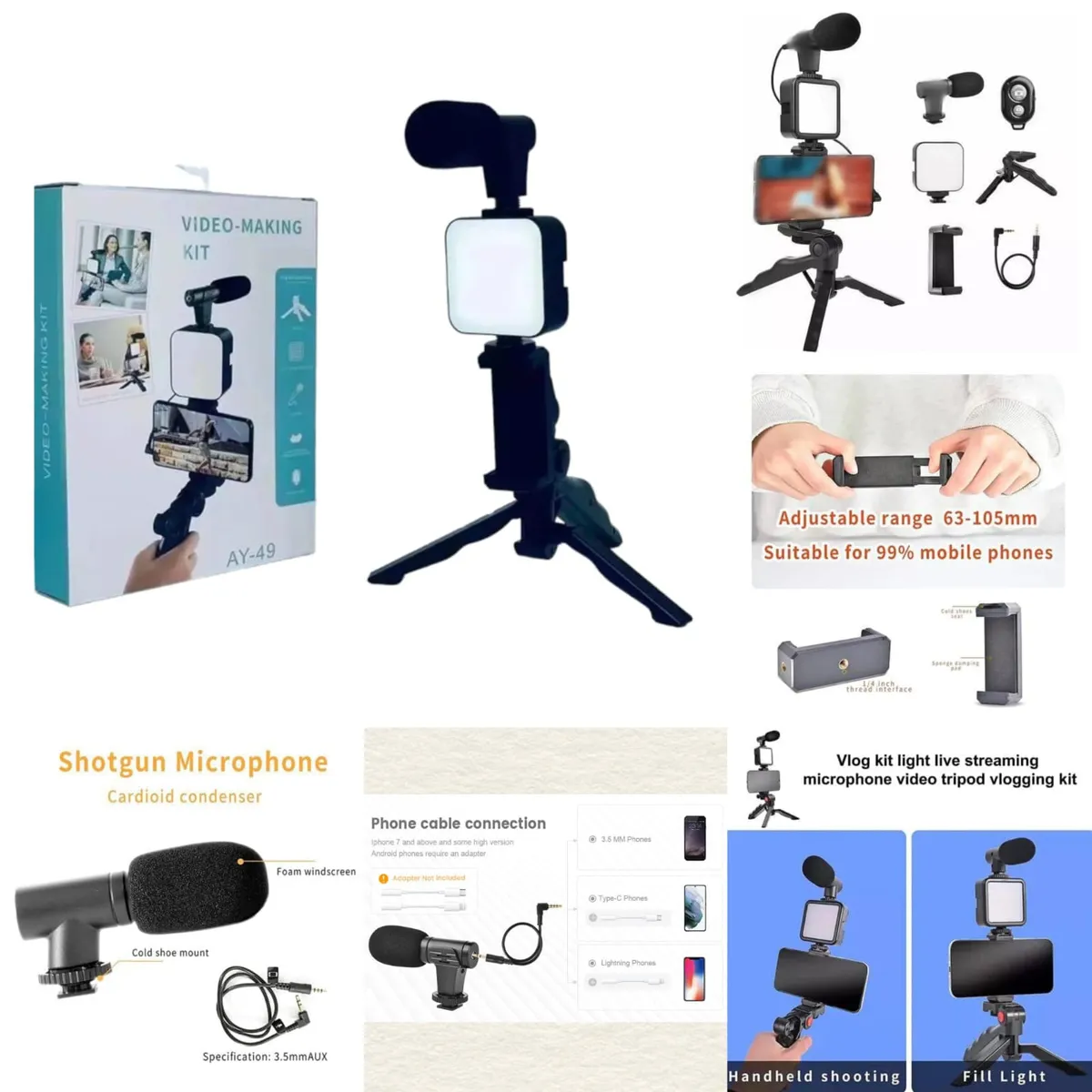 AY-49 Video Making Kit – Tripod, LED Light & Microphone - Image 4