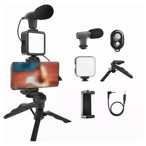 Camera Video Recording Vlogging Kit for Video Making, Mic, Mini Tripod Stand, LED Light & Phone Holder Clip for Making Videos Podcasting Black