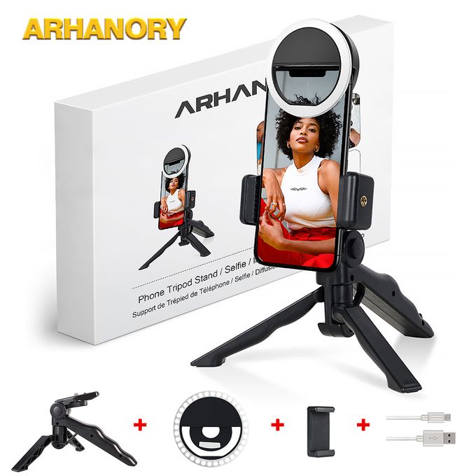 ARHANORY Phone Tripod Stand Mobile Phone Holder Mount Ring Light Set Selfie Stick-Black