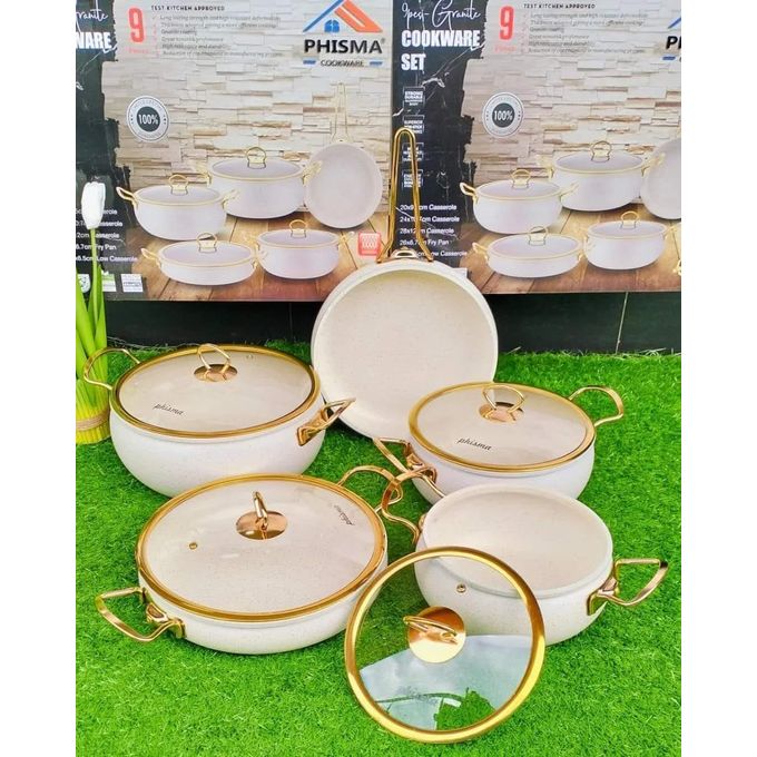 Phisima 9 Piece Non Stick Cookware Set Premium Granite Coated Pots and Pans with Glass Lids Heat Resistant Handles for Modern Kitchen Cooking White Color