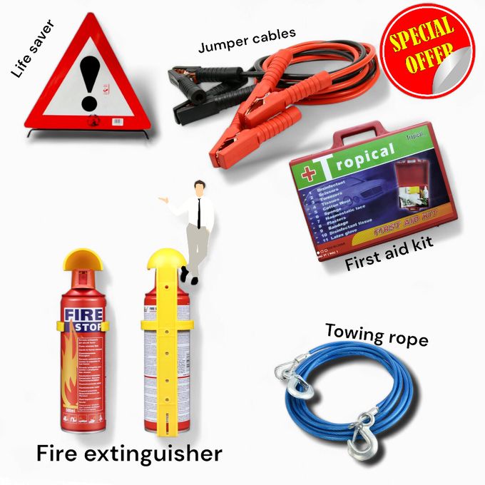 Warning Triangles Sign Life Saver Pair Reflector,Fire Extinguisher ,towing rope & First Aid Kit Road Safety Emergency & Compliance Kit Set