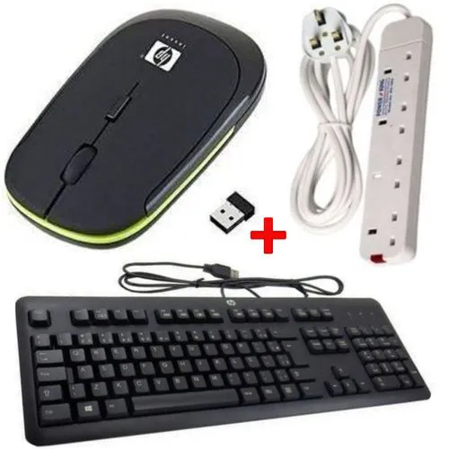 Main image of HP Quality Wireless Optical Mouse + HP Keyboard +4 Way Extension Sockets