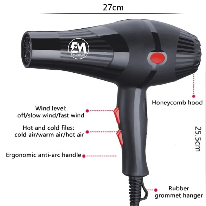 EM Blow Dryer Hair Blower 2200W with 3 Speed & 2 Temperature Settings – Includes 2 Styling Nozzle & 2 Comb Attachments for Versatile Hair Styling ElectroMate - Packaging