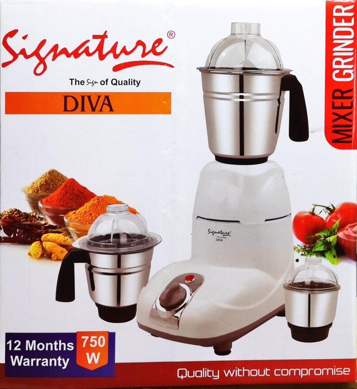 Signature Diva Mixer Grinder 750W Stainless Steel 3 Jars.