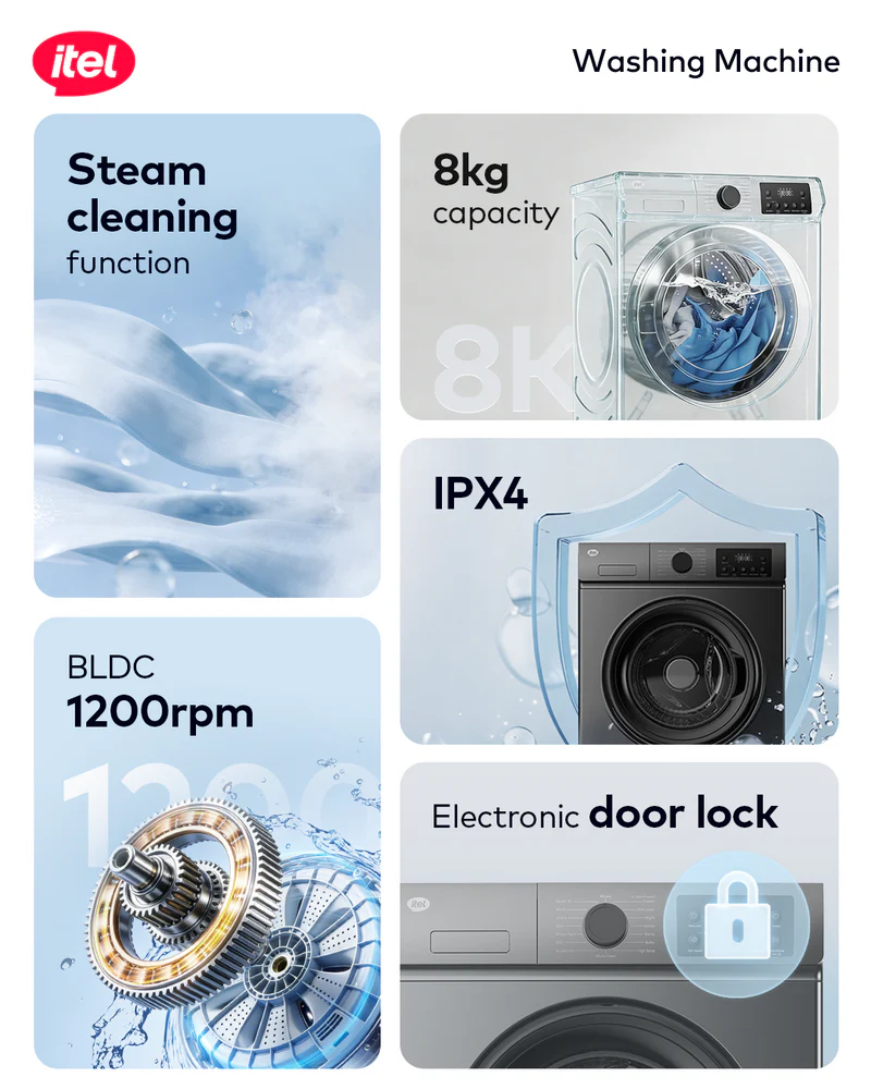 Itel  Washing Machine 8KG Front Load Wash and Spin IXQG80-AE - Grey (1 YR WRTY) - Image 4