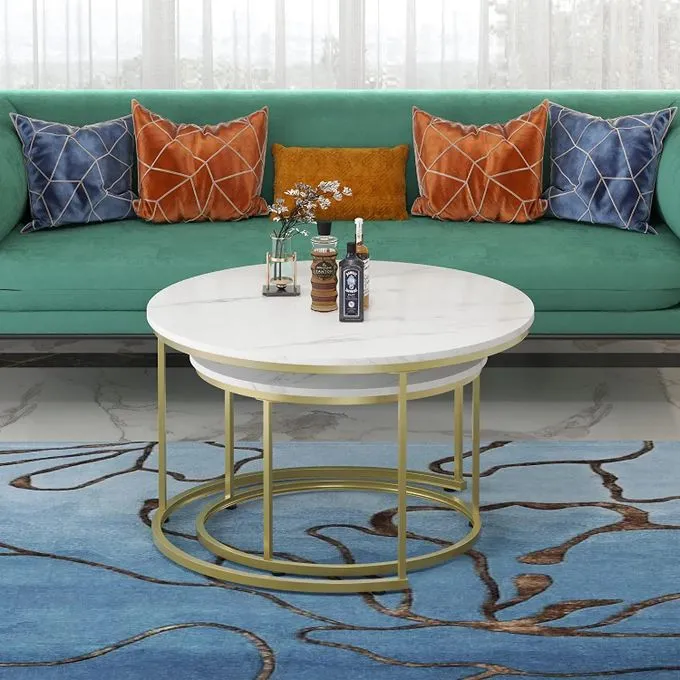 WHITE Nesting Coffee Table Marble Effect (MDF) - Image 2