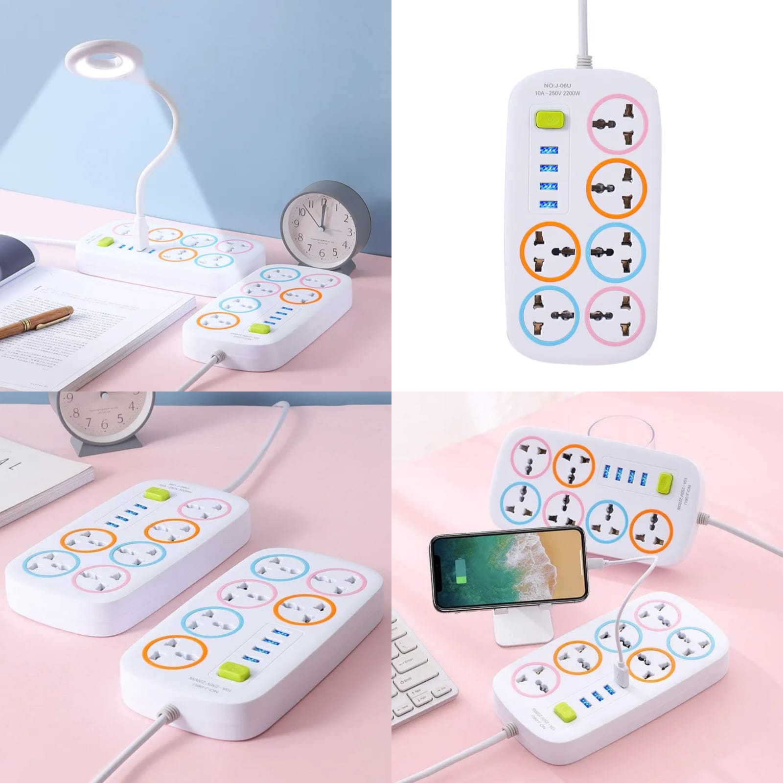 Power Socket Extension Cable with 6 Socket & 4 USB Charging Port