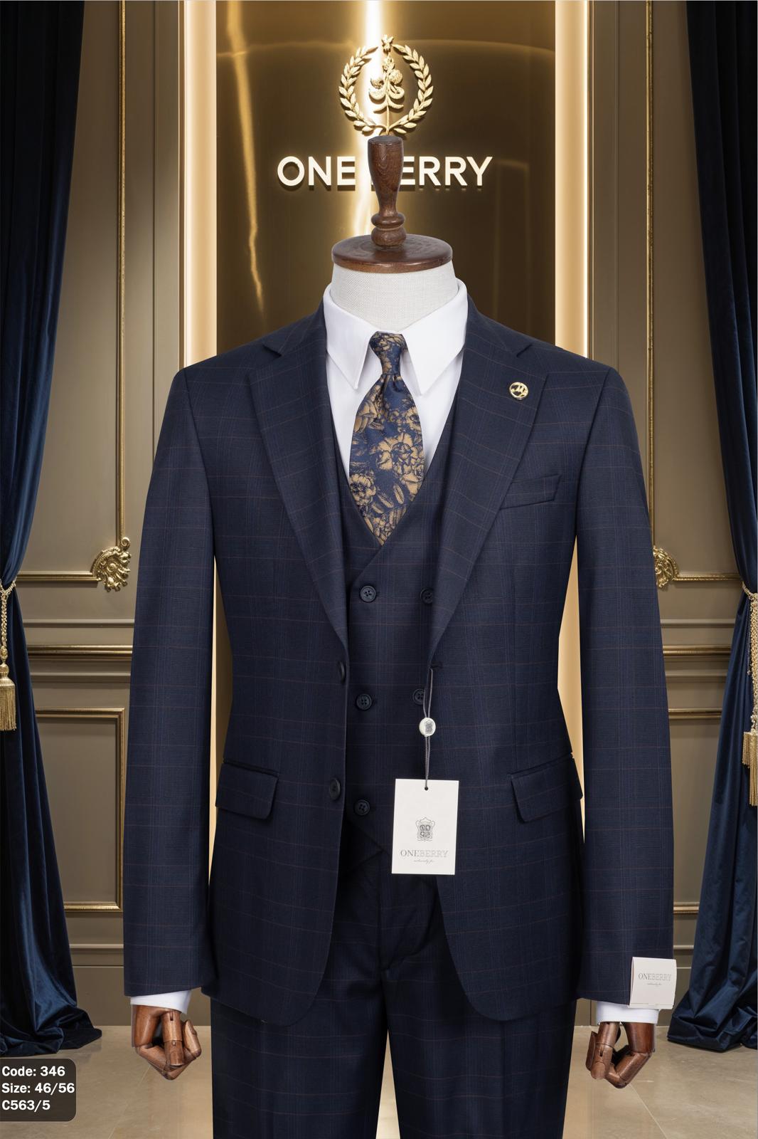 Men’s 3-Piece Classic Slim Fit Checked Navy – Code 348