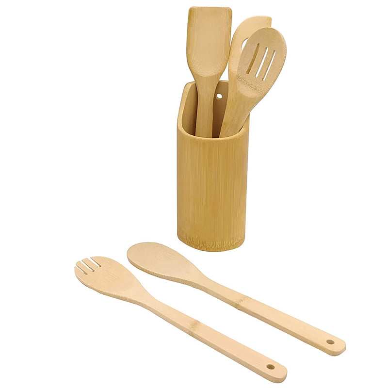 4pc bamboo cooking spoons + holder ~mwiko set