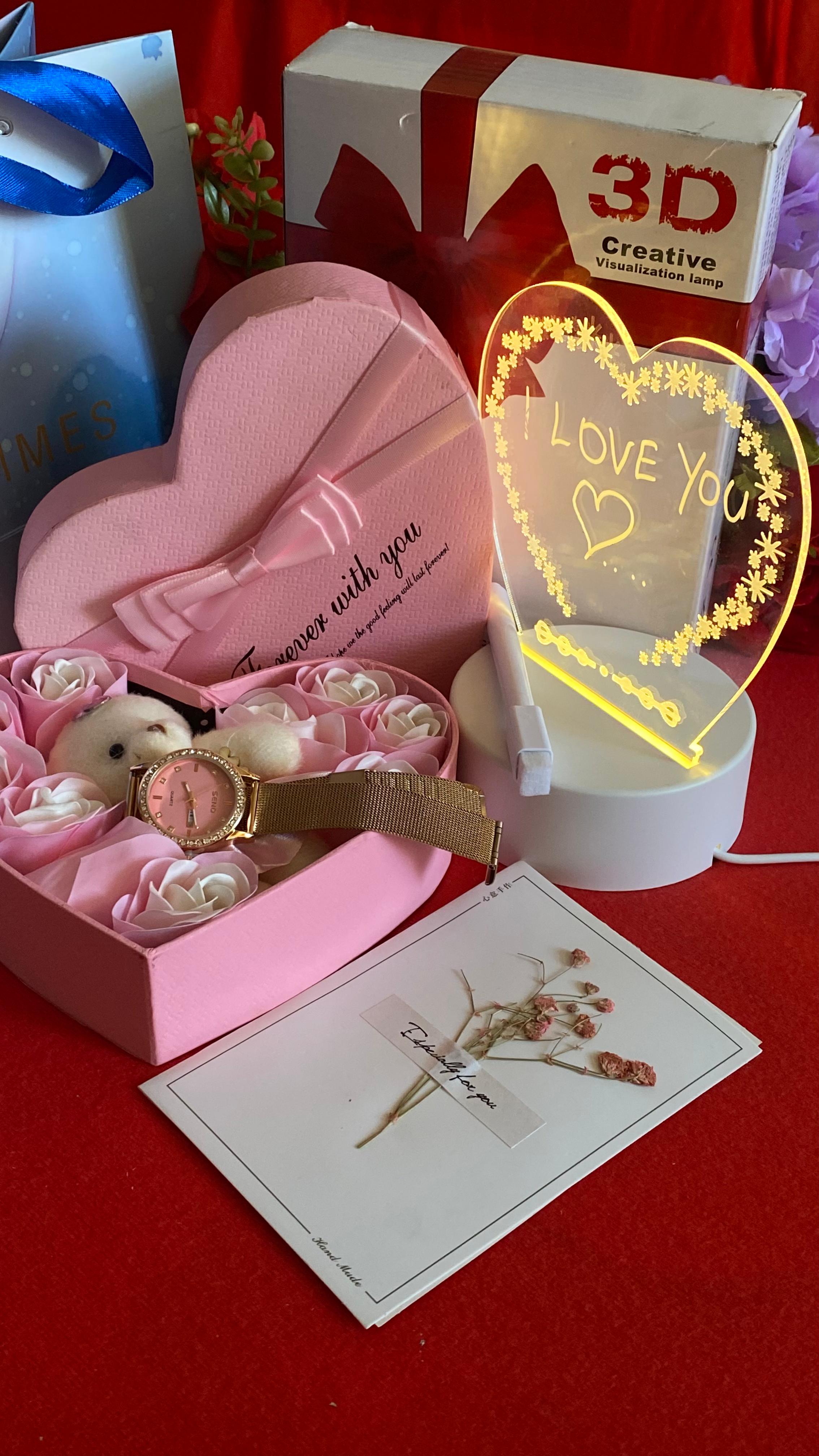 🌹HOT LADIES GIFT SET 🌹  💐Watch 💐Love box 💐Led board(can write and erase as desired) 💐Preserved roses  💐Dried flower card 💐Bear/Doll 💐Gift bag - Image 3
