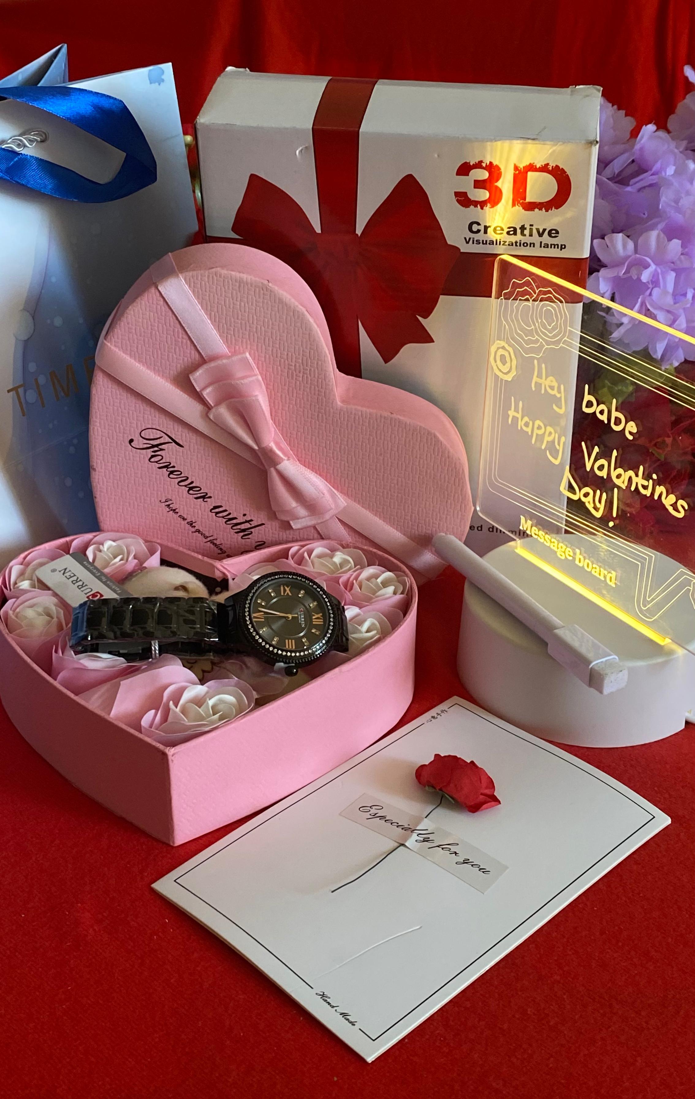 🌹HOT LADIES GIFT SET 🌹  💐Watch 💐Love box 💐Led board(can write and erase as desired) 💐Preserved roses  💐Dried flower card 💐Bear/Doll 💐Gift bag
