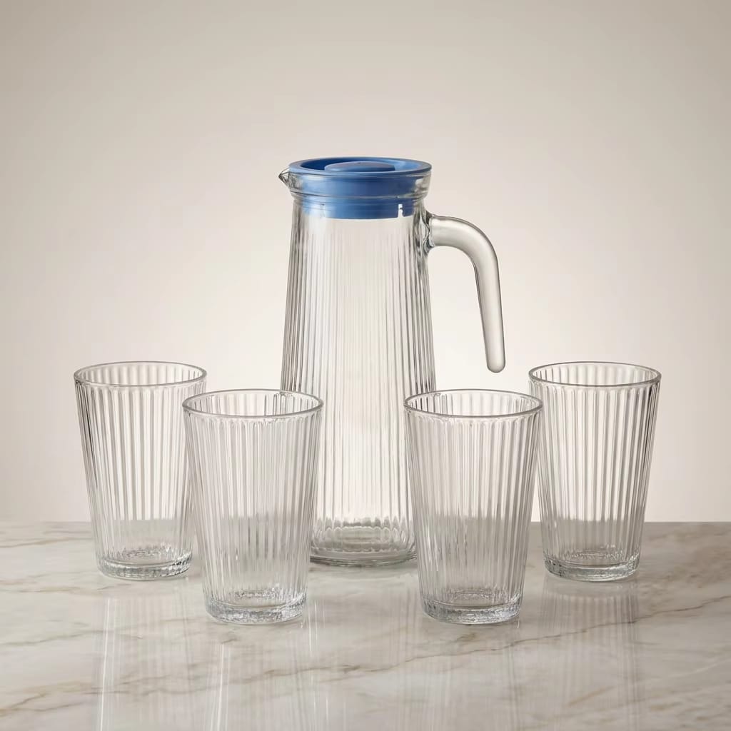 *5pc New Ribbed Jug(750ml) Set*  Set comprises of 1 jug 750ml 4 glasses @ 160ml.  *Offer price:ksh.1050*