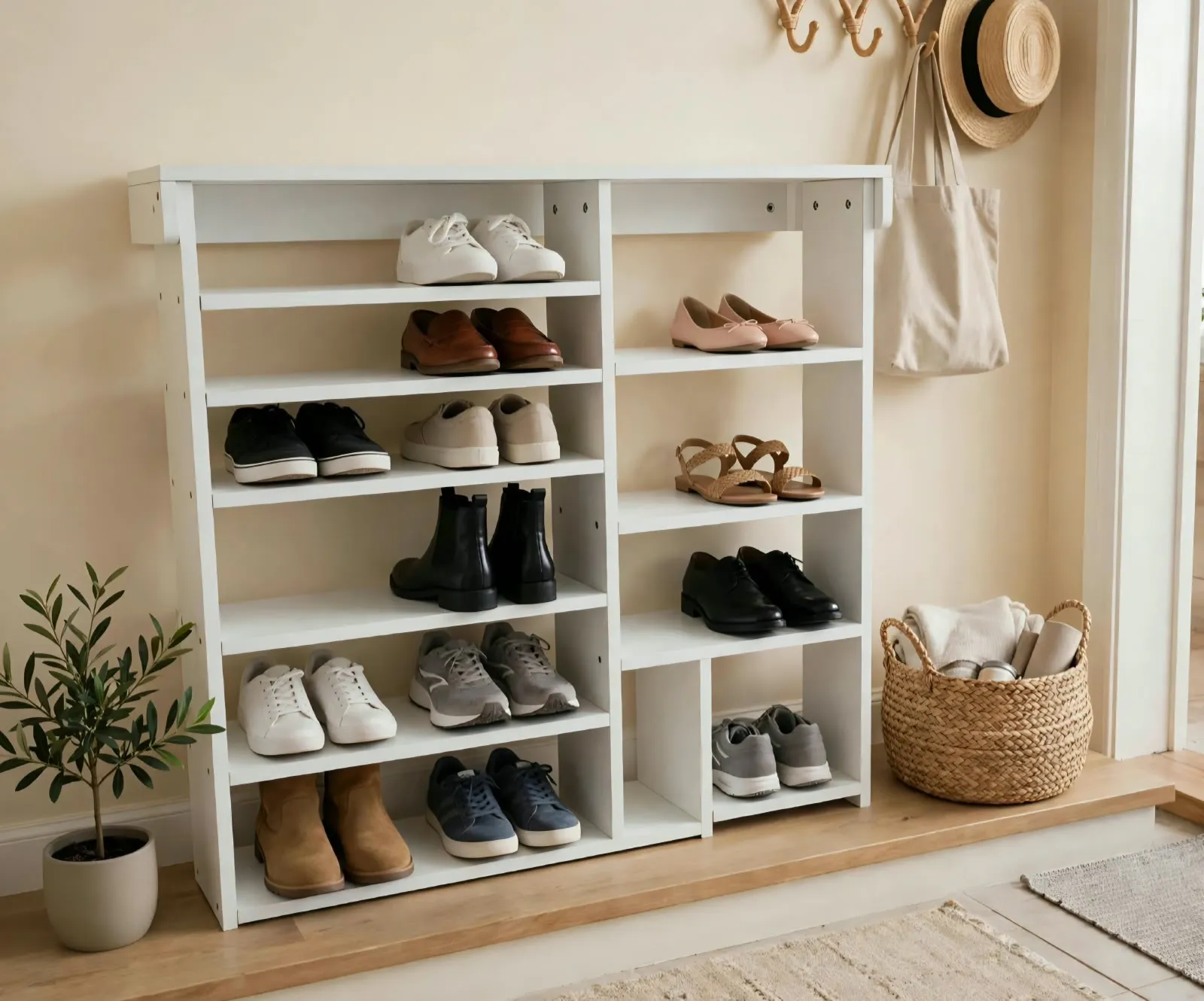 Freestanding white multi-tier wooden shoe storage rack and entryway organizer with open cubbie
