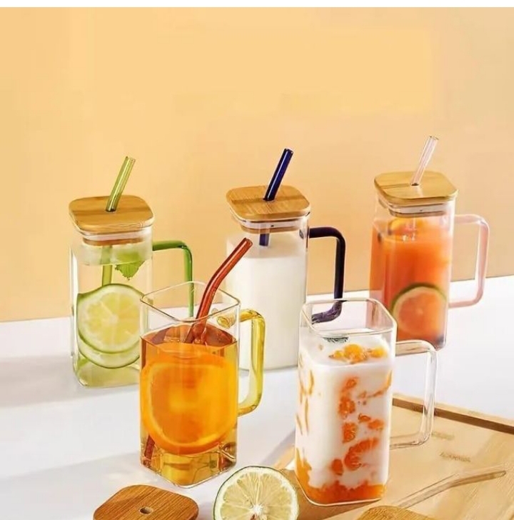 Square Smoothie Glass Cups with Bamboo Lid with straw