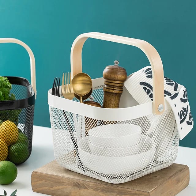 Mesh Storage|fruit basket with bamboo handles - Image 3