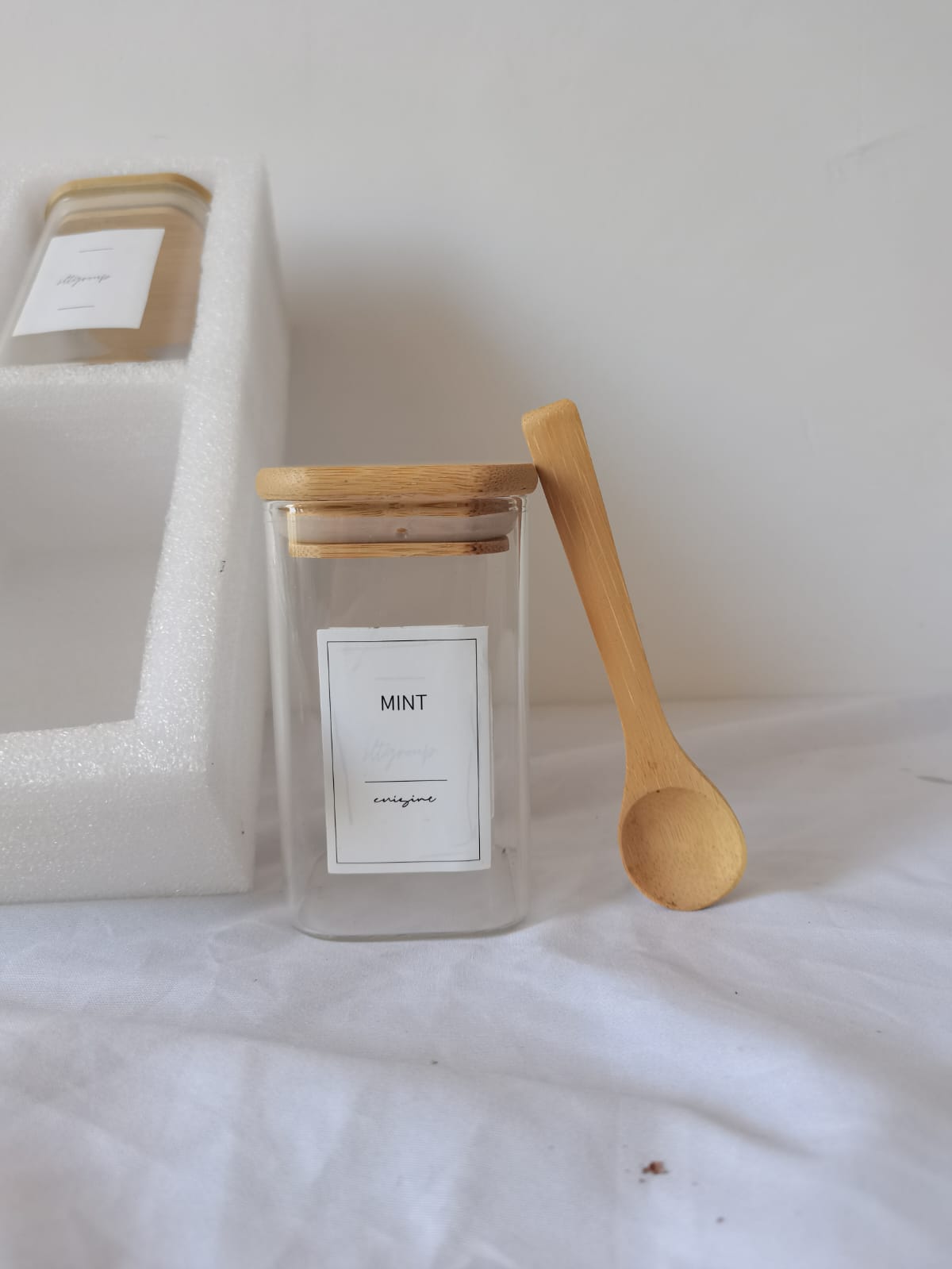 6 pack Square Glass Jars with Bamboo lid And Spoon - Image 5