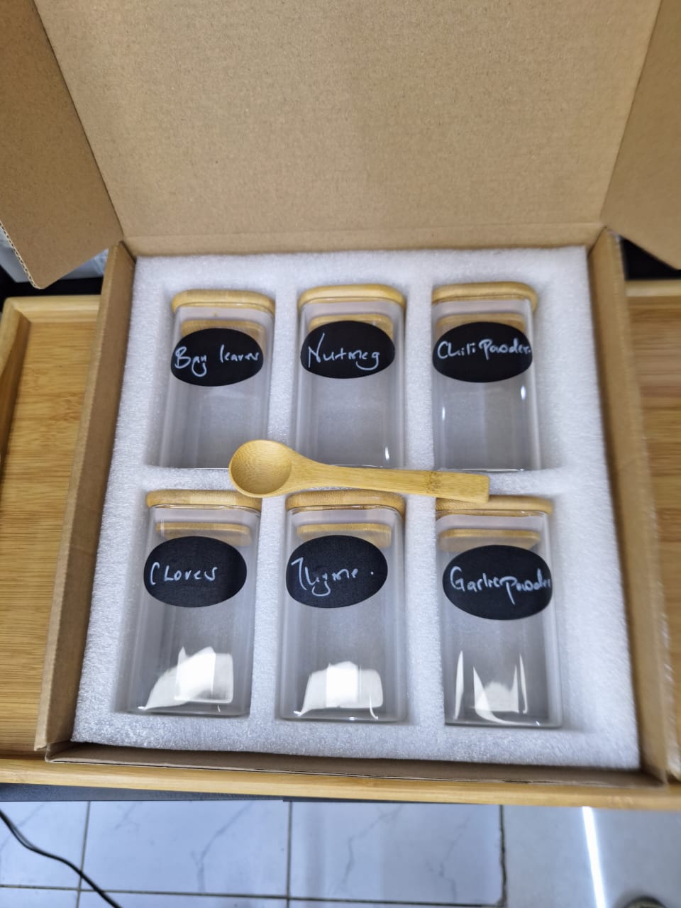 6 pack Square Glass Jars with Bamboo lid And Spoon - Image 4