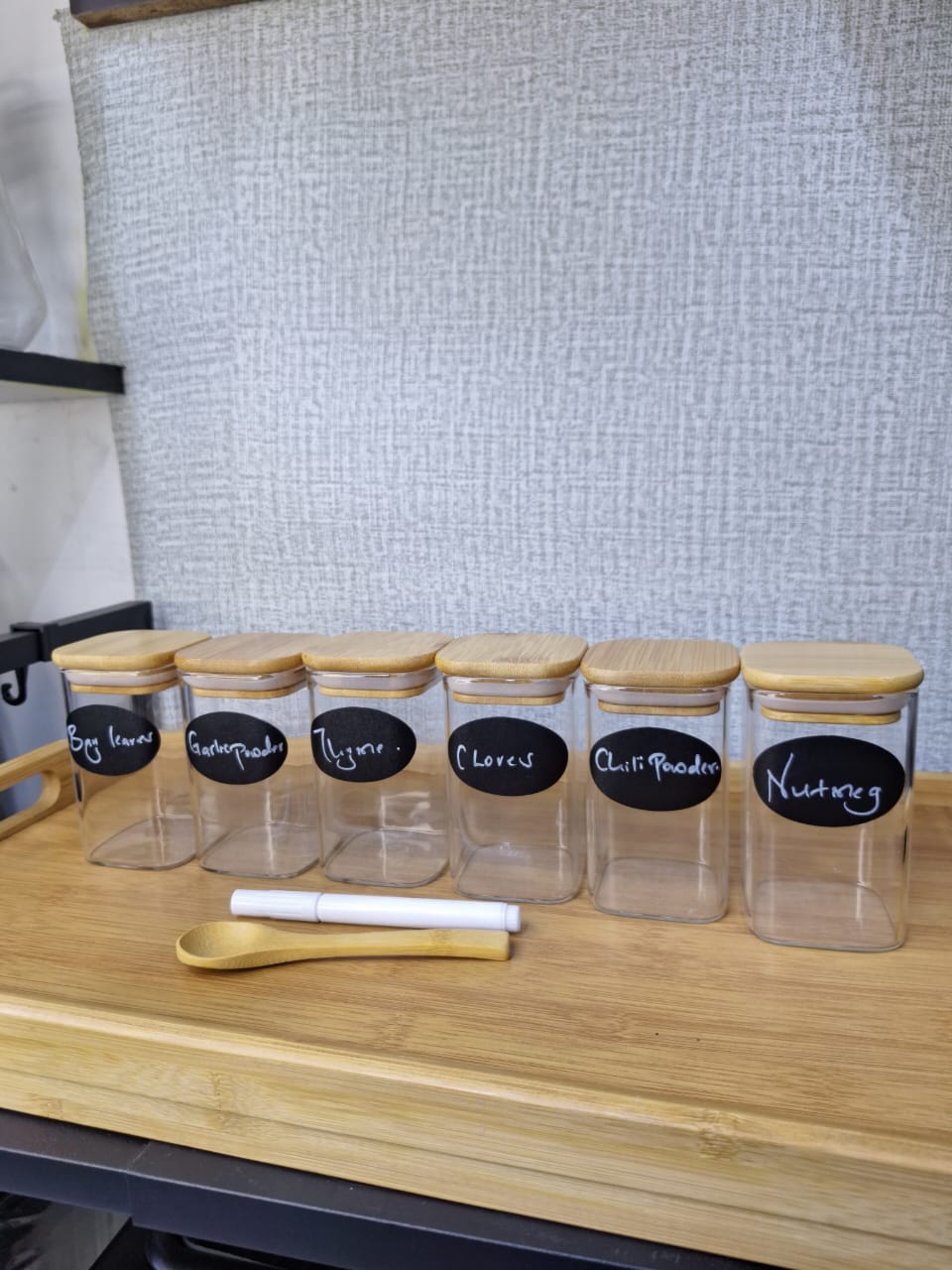 6 pack Square Glass Jars with Bamboo lid And Spoon - Image 2