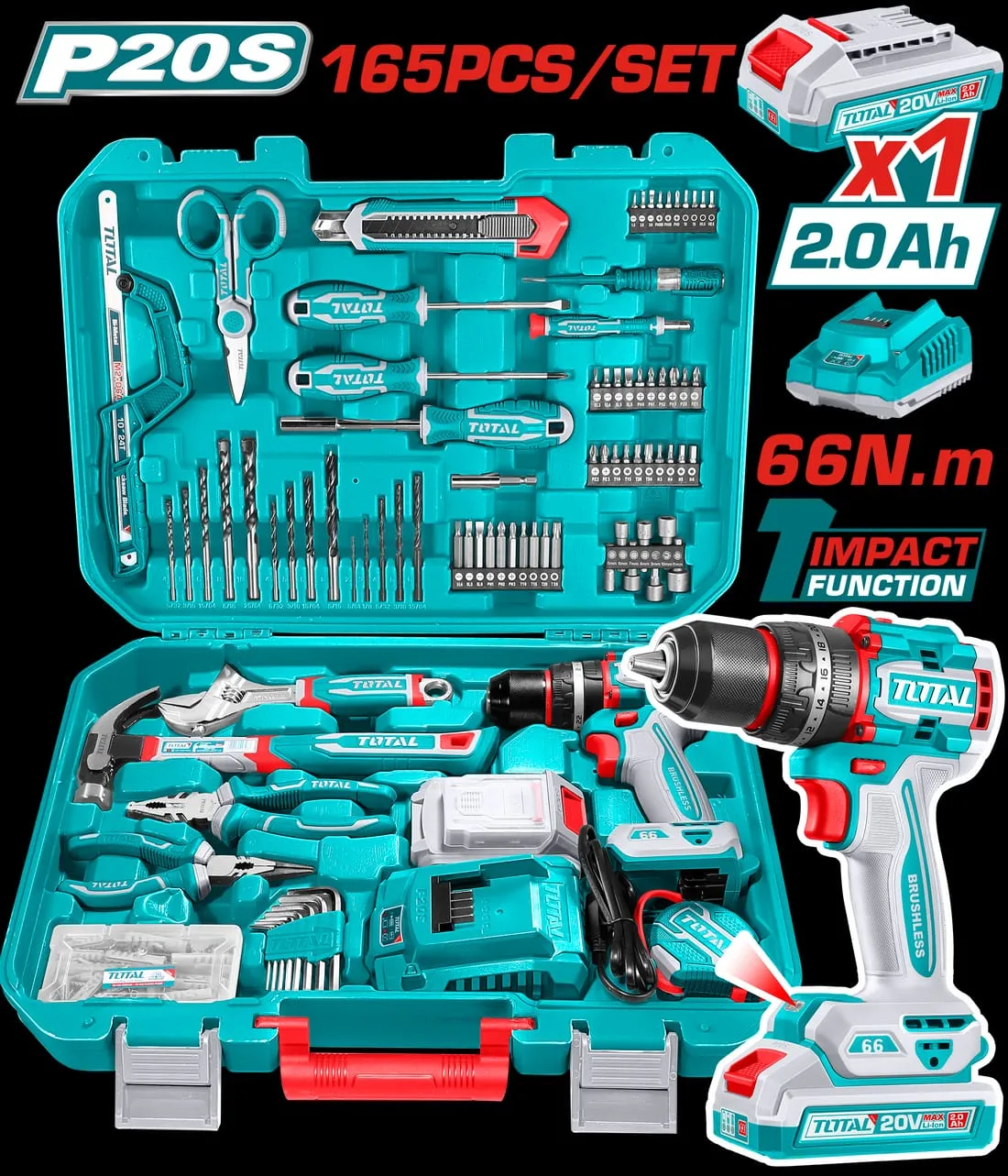 TOTAL Heavy duty Household Tool Set with 20V Cordless Drill Driver, 165Pcs Hand Tool Kit for Men, Power Drill Set with Plastic Toolbox, Ideal for Office, Garden, DIY Project