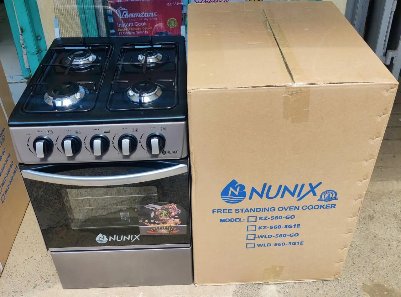 Nunix 50x55 4 Gas Burner Free Standing Cooker With Large Gas Oven, Glass Top & Auto Ignition – WLD-560-GO (1 Year Warranty)