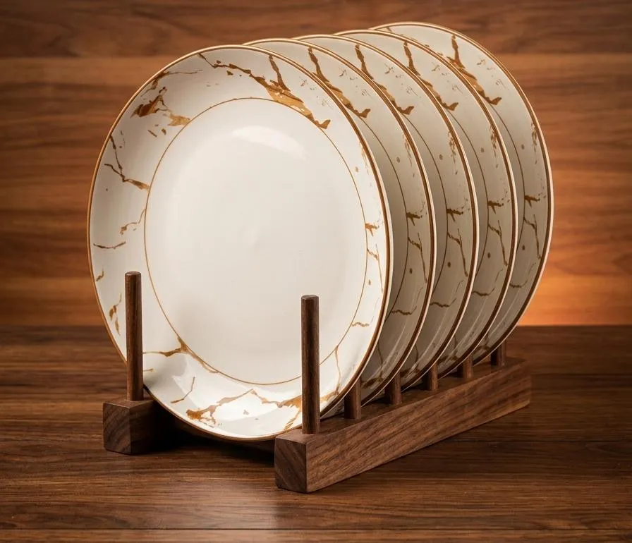 Ceramic Dinner Plates Set 6pcs Modern White with Gold Rapture Elegant Design 10.5"" - Image 2