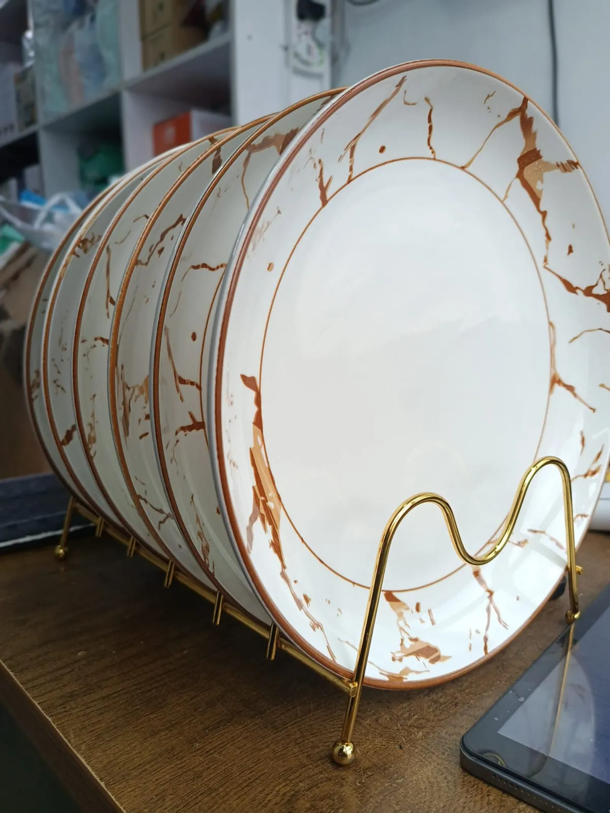 Ceramic Dinner Plates Set 6pcs Modern White with Gold Rapture Elegant Design 10.5""
