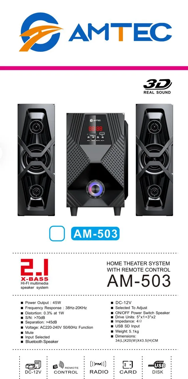 Amtec AM-503 2.1 X-Bass Hi-Fi multimedia speaker system.