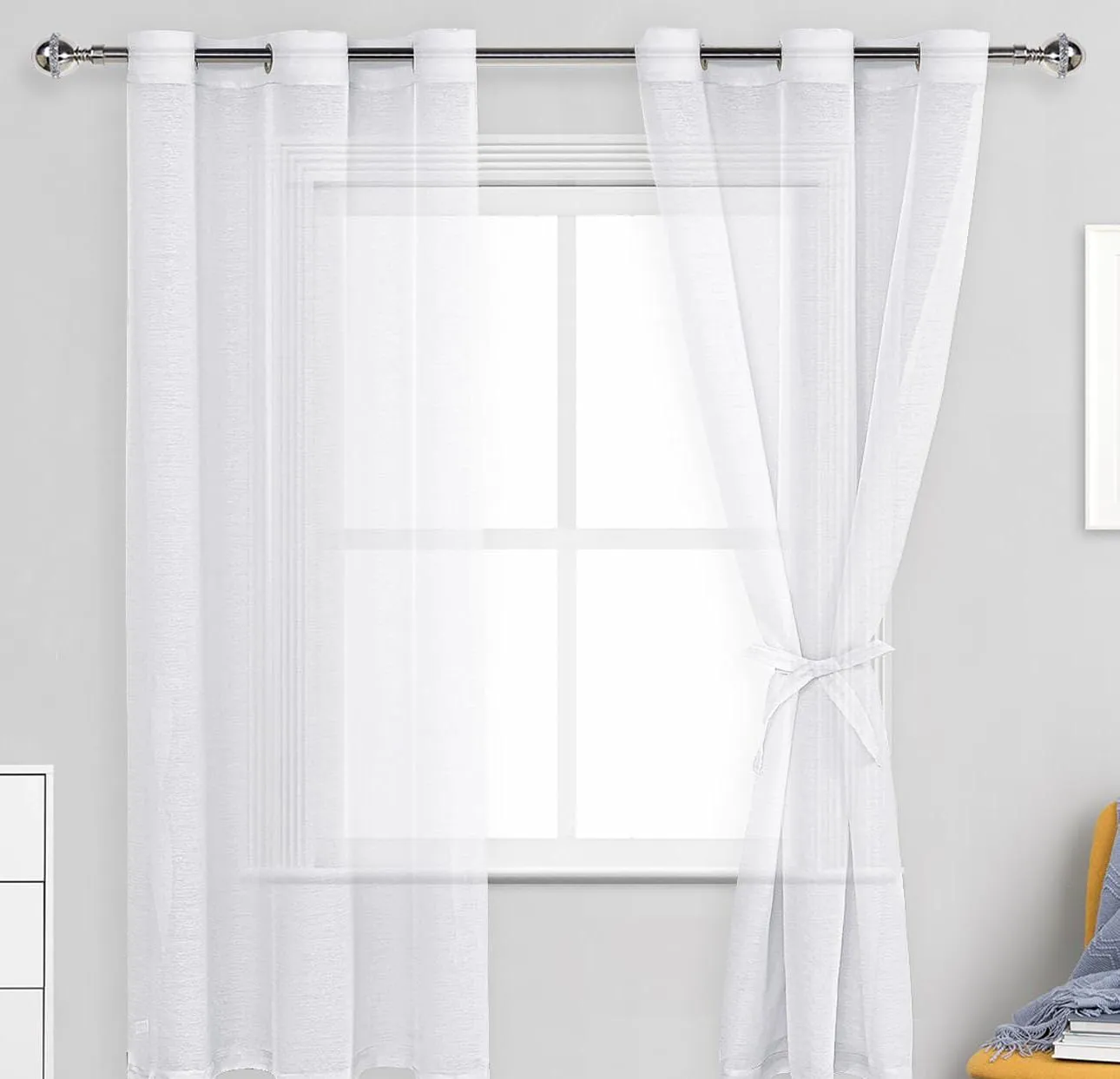 Main image of White Sheer Curtains for Living Room Bedroom - Faux Linen Look Voile Drapes Grommet Top Window Curtain Panel each 1.5 m. (3m wide) by 3m(length), Set of 2 Panels