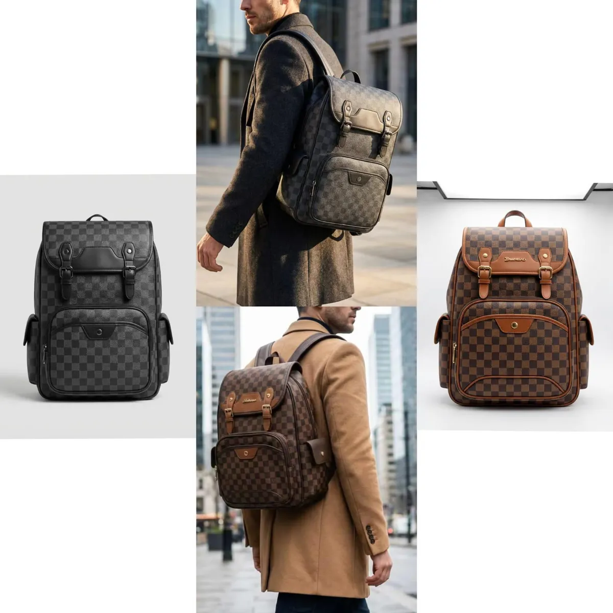 Luxury Checkerboard Backpack - Unisex Travel School Work Bag - Black,Brown only - Image 2