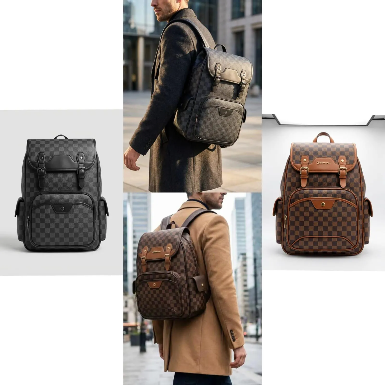Luxury Checkerboard Backpack - Unisex Travel School Work Bag - Black,Brown only