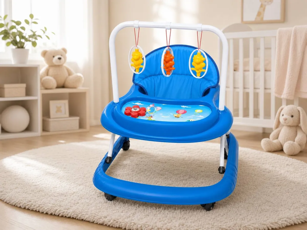 Blue 3-in-1 Interactive Baby Walker with Musical Toy Tray & Adjustable Height - Image 2
