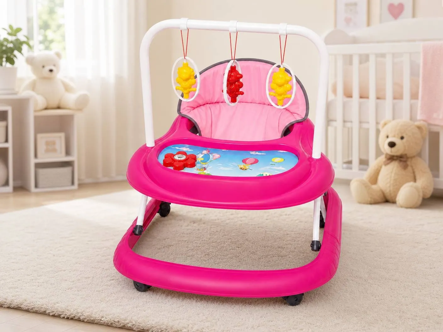 Pink 3-in-1 Interactive Baby Walker with Musical Toy Tray & Adjustable Height
