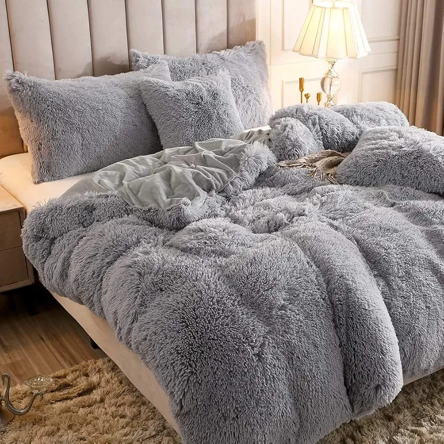 6pc Luxury Designs Velvet plush Fluffy Duvet set-Gray
