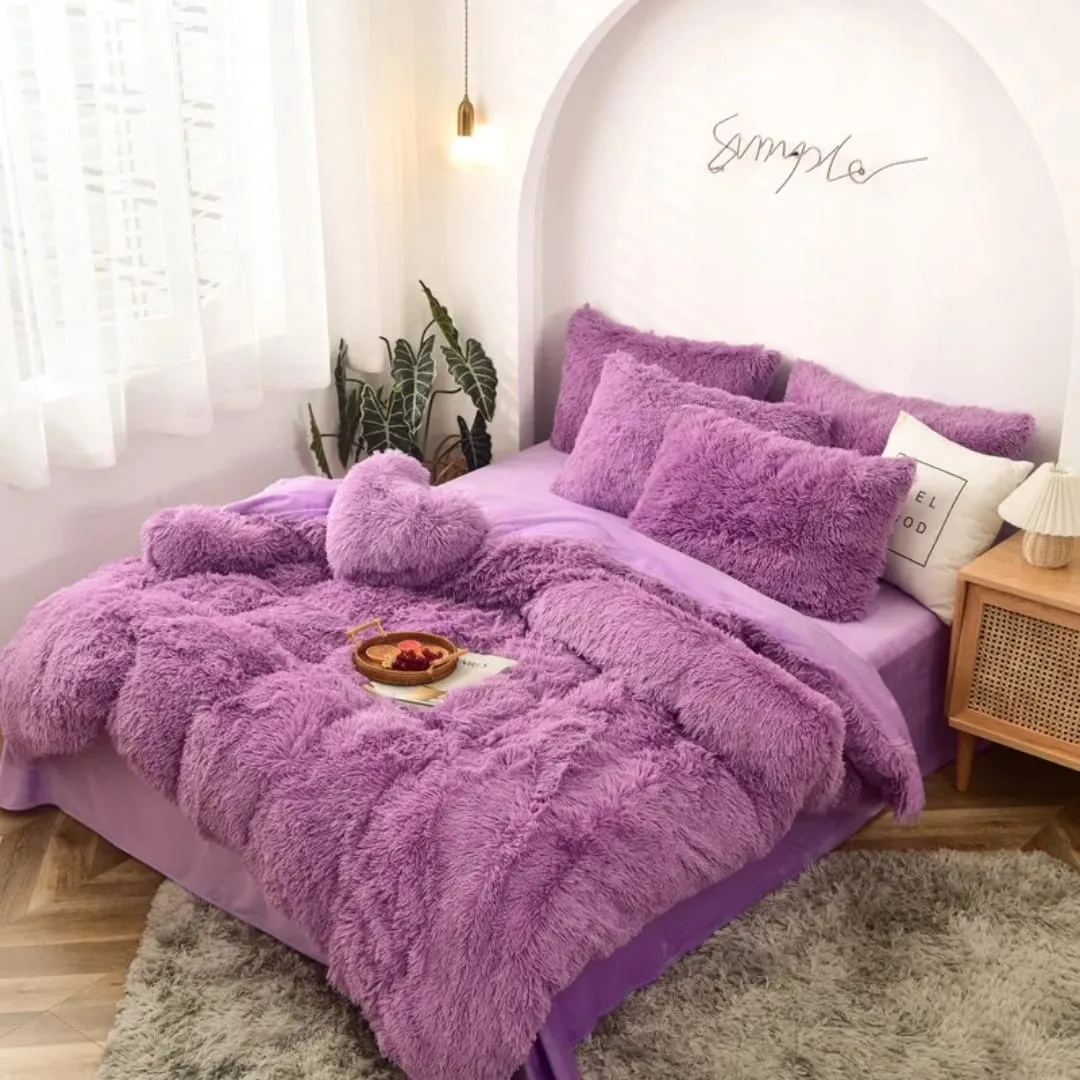 6pc Luxury Designs Velvet plush Fluffy Duvet Set- Lilac purple