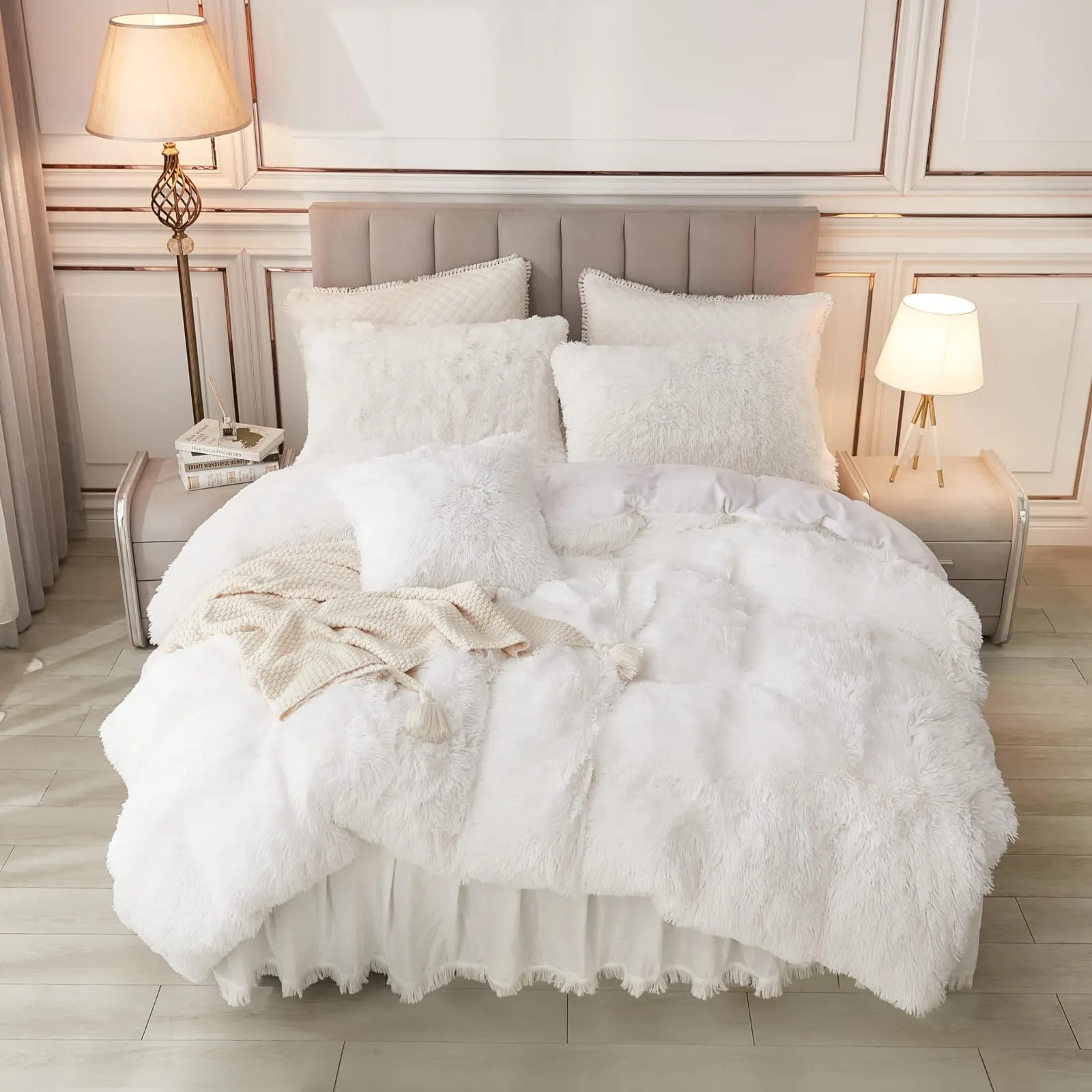 6pc Luxury Designs Velvet plush Fluffy Duvet set-White