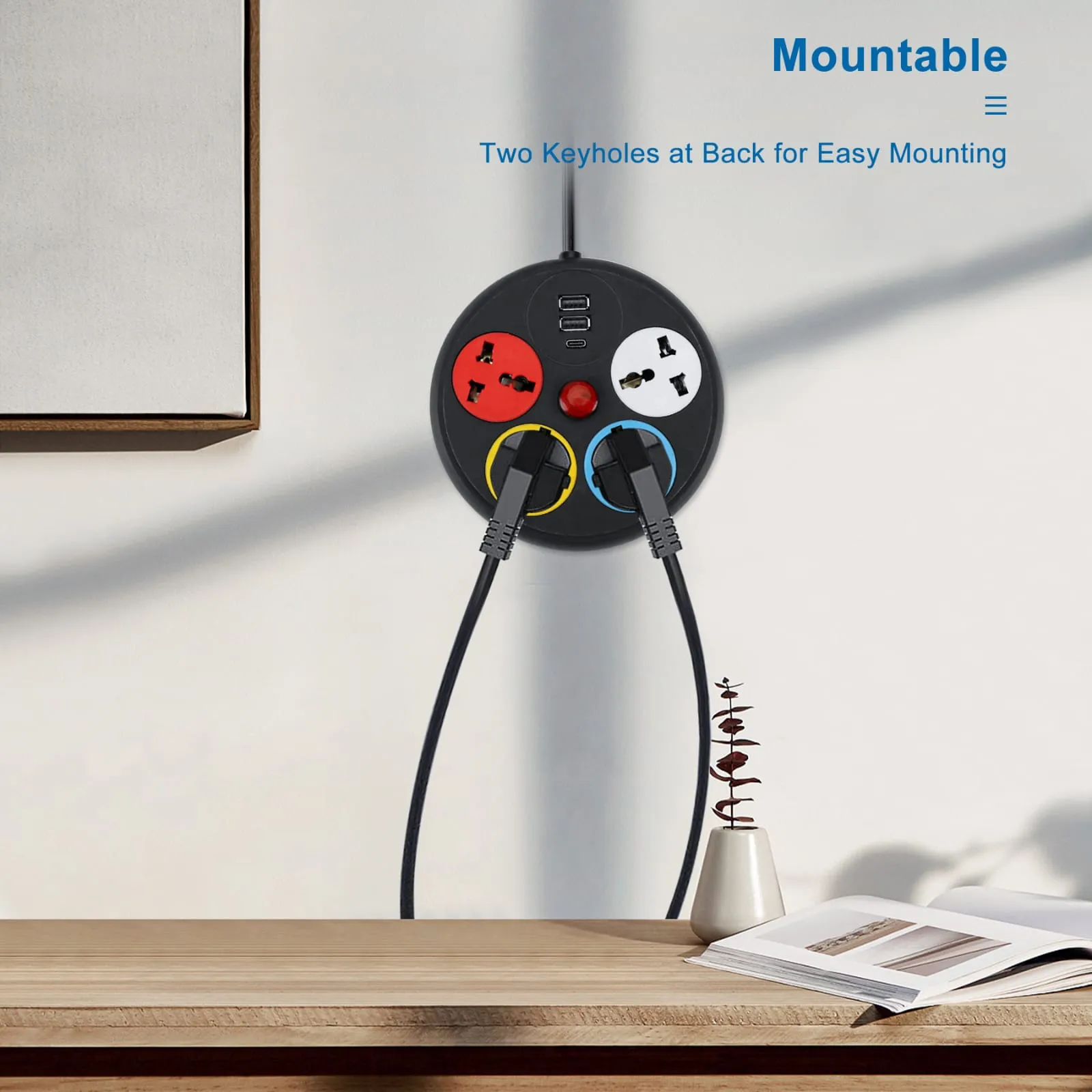 Black Round extension  cord with 4 sockets outlets, featuring a surge protector, 2 USB ports & 1 type C port