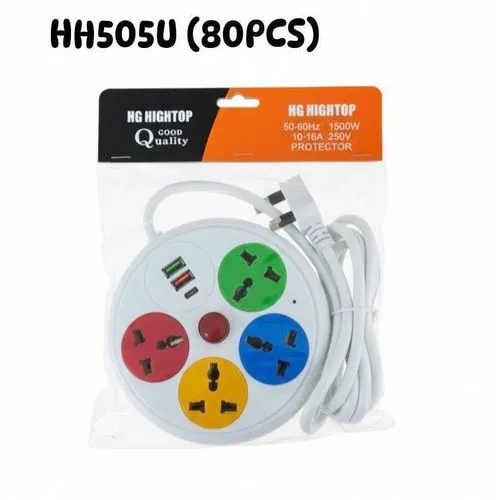 White Round extension  cord with 4 sockets outlets, featuring a surge protector, 2 USB ports & 1 type C port