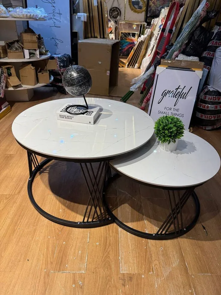 Modern Luxury 2in1 pure  Marble Nesting tables with black stand