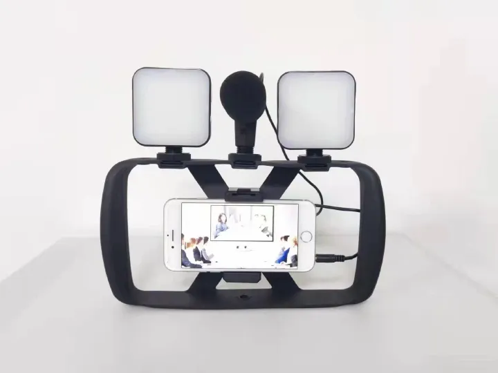 Portable mobile phone live video video equipment kit 4-in-1 selfie stick tripod stabilizer retractable clip holder with microphone fill light