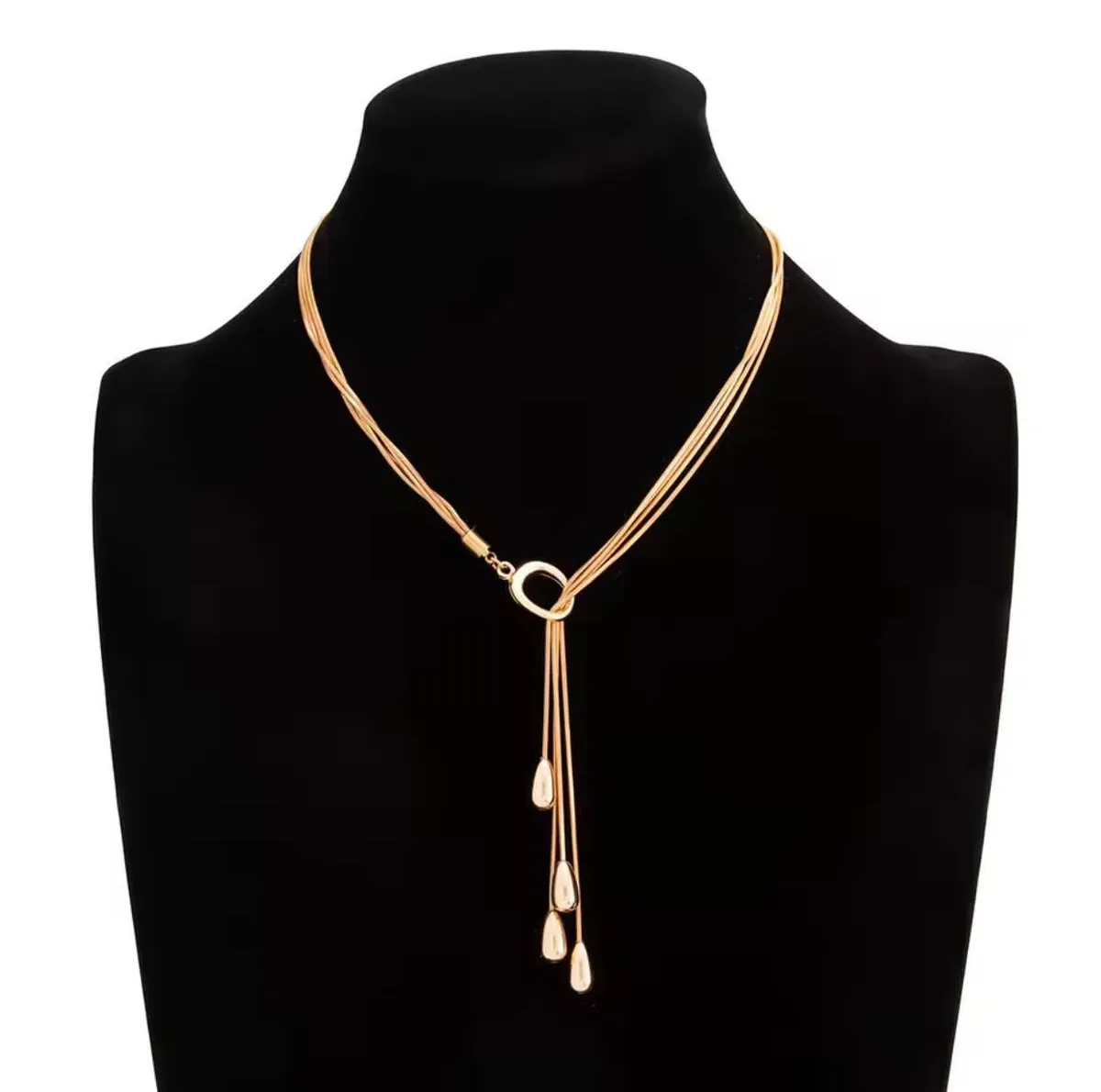 Gold-Tone Lariat Necklace with Teardrop Pendants - Image 3