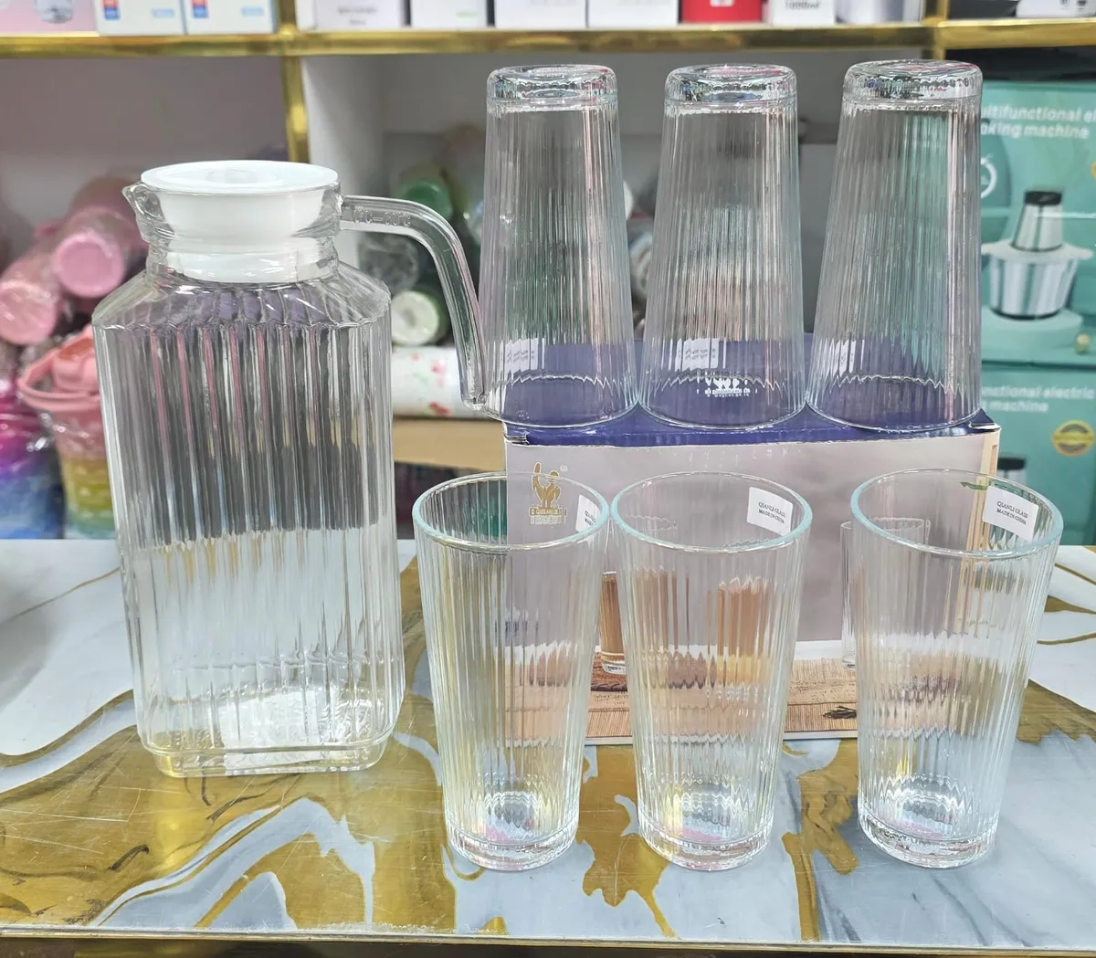 Ribbed Glass Water Jug with Tumbler Glasses Set - Image 2