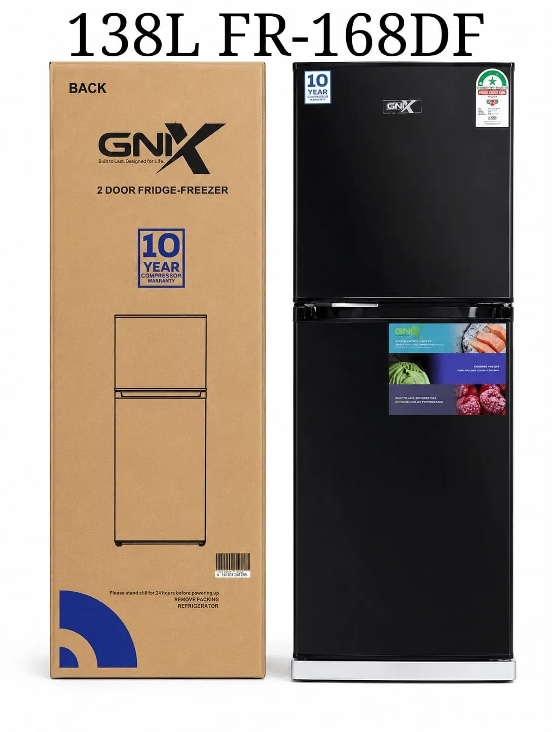 GNIX 138L 2-Door Fridge-Freezer (FR-168DF, Black)