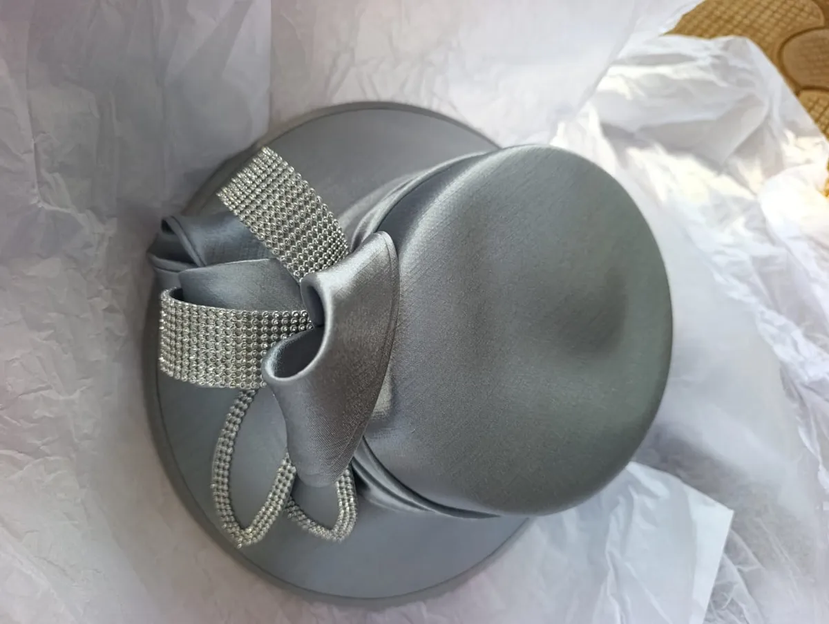 Silver Satin Occasion Hat with Rhinestone Bow - Image 2