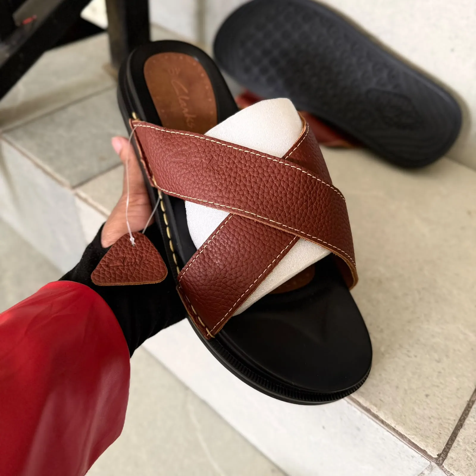 Clarks Brown Crisscross Leather Slide Sandals