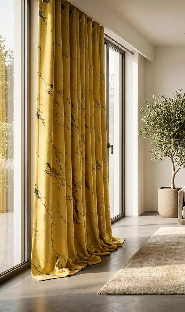 Mustard Yellow Marble-Print Eyelet Curtain Panel