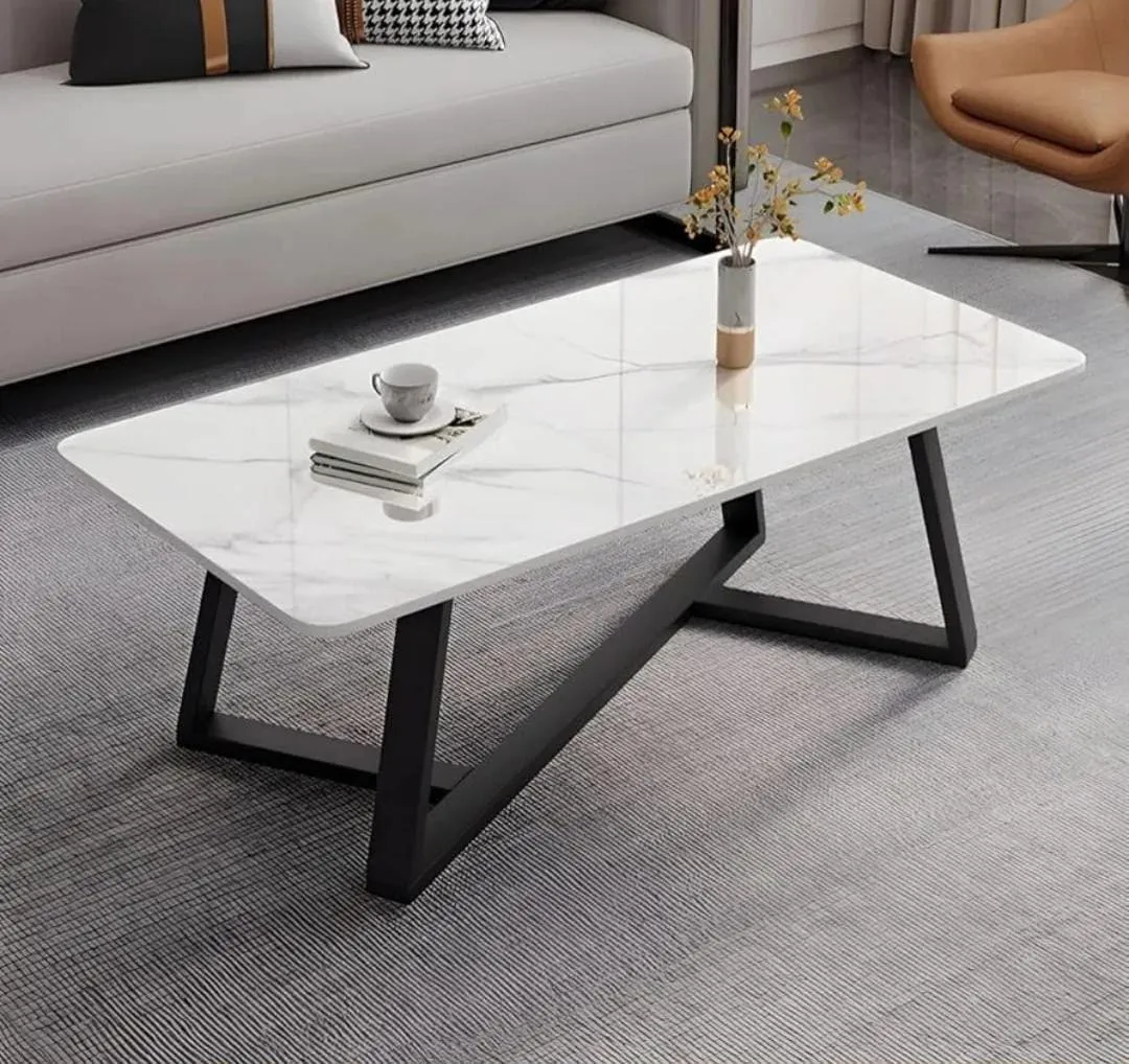 Pure Marble Top Coffee Table with White Surface and Black Metal Frame - Image 2
