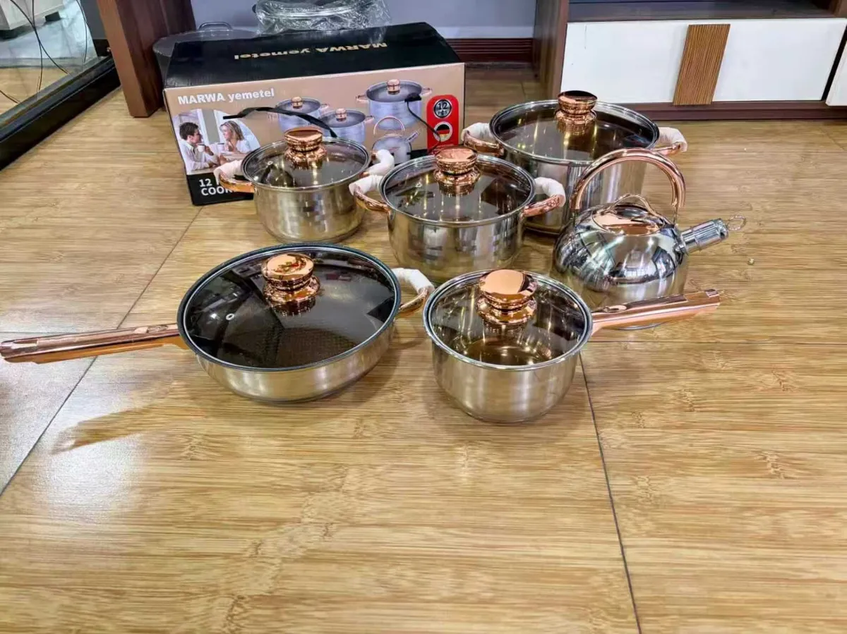 Marwa 12-Piece Stainless Steel Cookware Set with Rose Gold Handles - Image 2