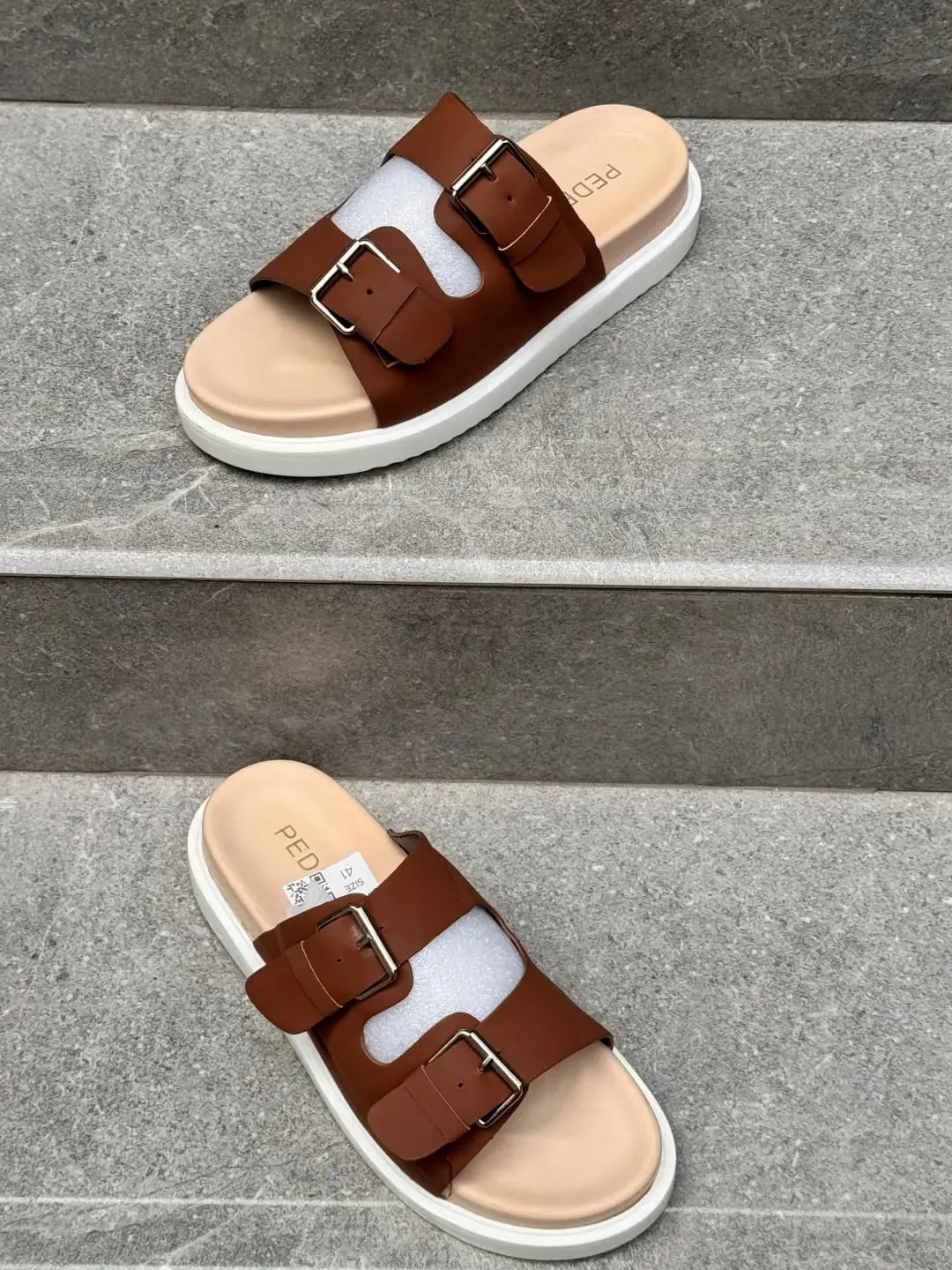 Brown Double-Strap Slide Sandals