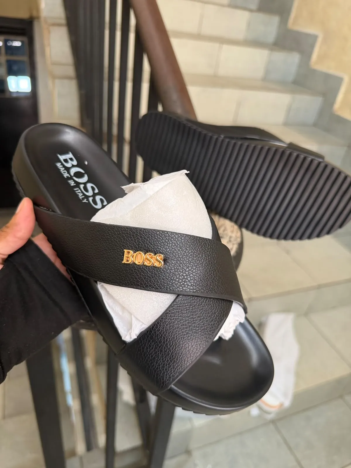 BOSS Black Cross-Strap Slide Sandals